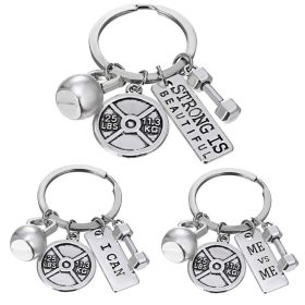 Men And Women Fashion Sports Power Dumbbell Barbell Kettlebell Keychain (Color: Set)