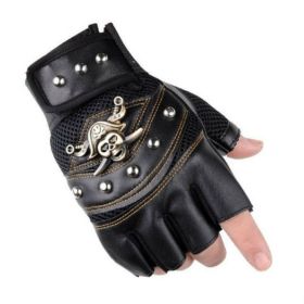 Punk Skulls Rivet PU Leather Gloves Men Women Fashion Hip Hop Anti-slip Half Finger Gloves Summer Cycling Motorcycle Accessories (Color: A-Black, size: One Size)