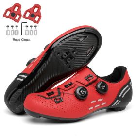 Ultralight Cycling Shoes Mtb Carbon Fiber Road Bike Boots Men Mountain Bicycle SPD Cleats Shoes Women Biking Speed Flat Sneaker (Color: red road cleats, size: 38)